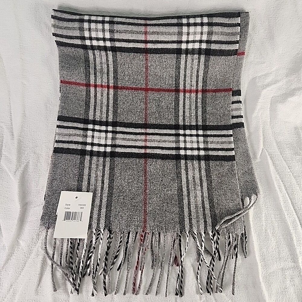 Scarf Cashmink Acrylic Winter Fringe Unisex Gray Plaid Made In Germany NEW 60"